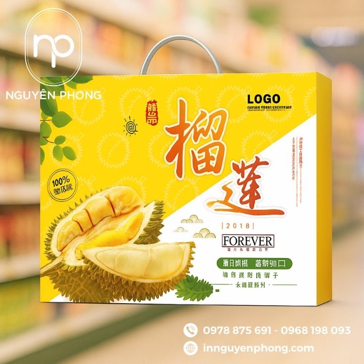 Thùng carton đựng sầu riêng in hình minh họa